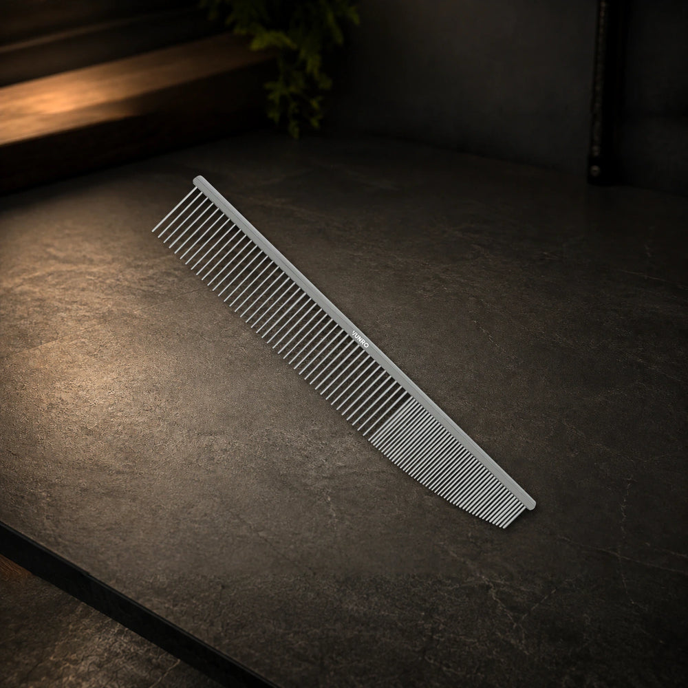 8.5" Combination Detangling and Finishing Comb photographed on the VUNRO professional workbench