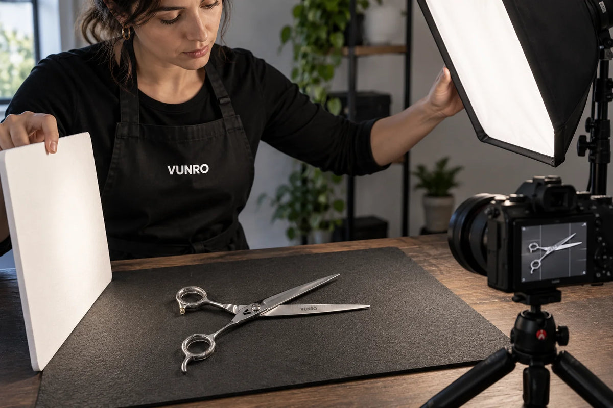 Illustrative creator lighting authentic straight VUNRO scissors with a soft light and white card.