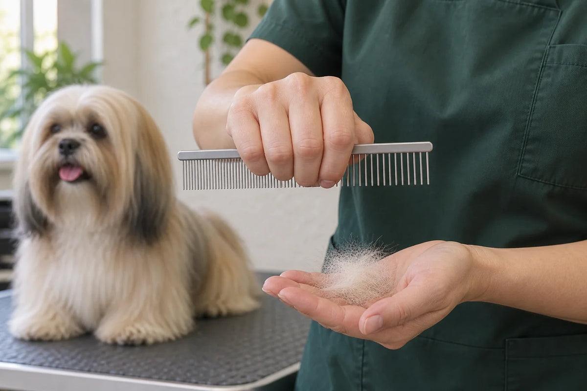 Groomer observing loose hair beside a Lhasa Apso while holding a compact VUNRO coarse and fine comb