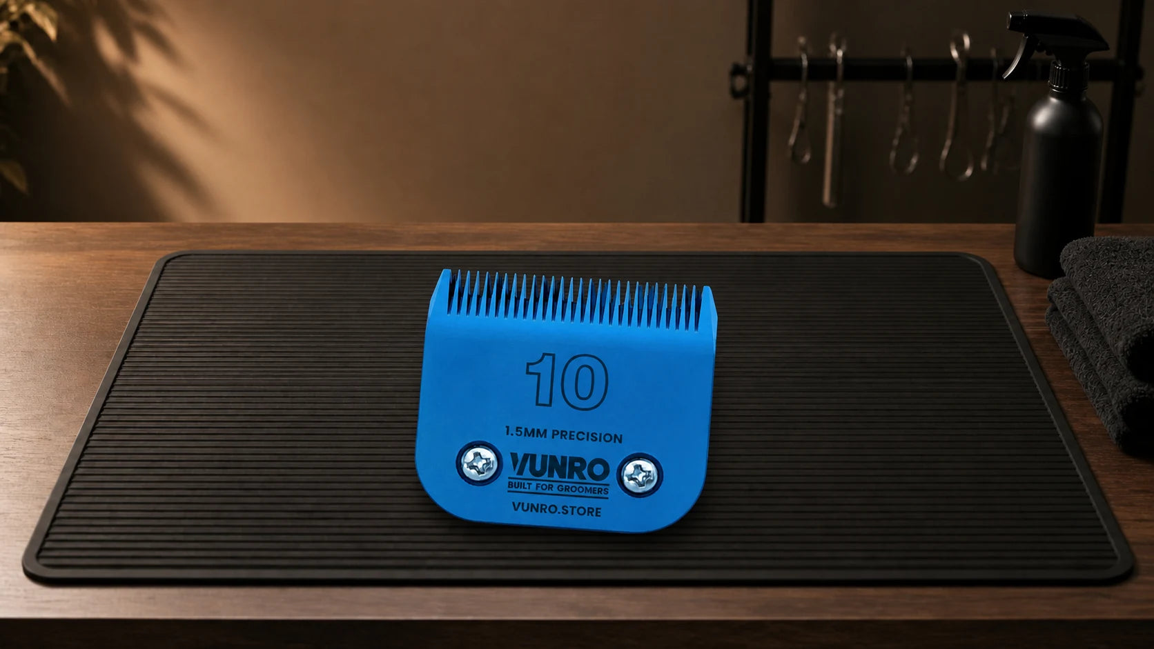 #10 Blue Steel Dog Clipper Blade (1.5 mm) resting naturally on the VUNRO grooming workbench