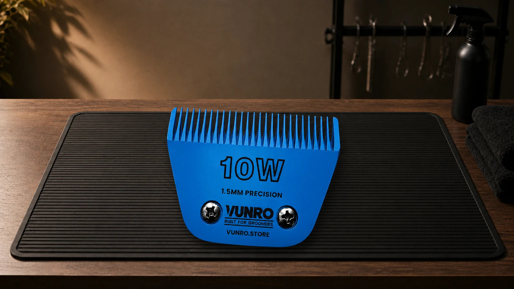 #10W Wide Blue Steel Dog Clipper Blade (1.5 mm) resting naturally on the VUNRO grooming workbench