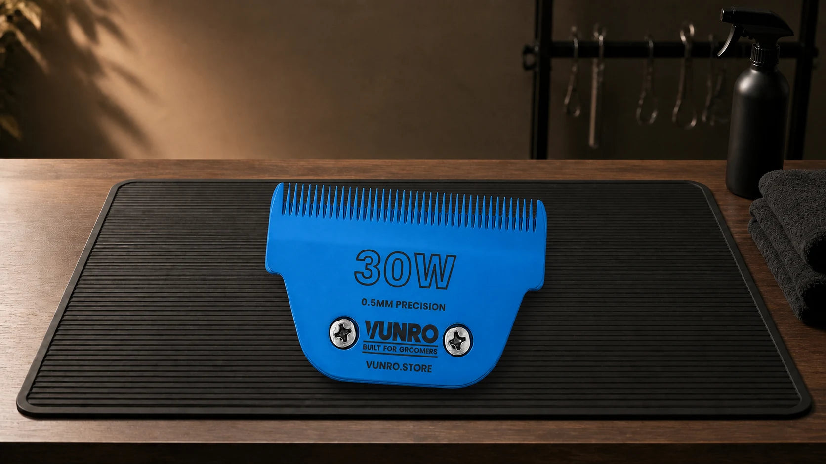 #30W Wide Blue Steel Dog Clipper Blade (0.5 mm) resting naturally on the VUNRO grooming workbench
