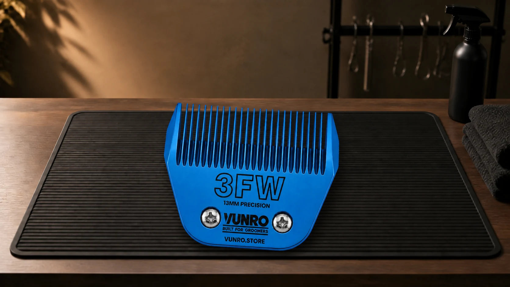 #3FW Wide Blue Steel Dog Clipper Blade (13 mm) resting naturally on the VUNRO grooming workbench